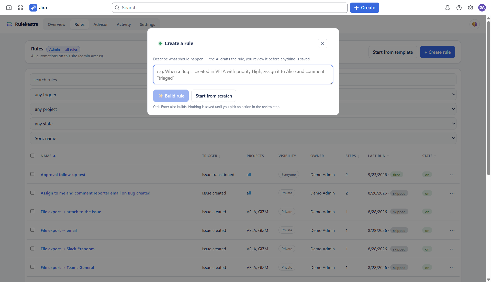 Rulekestra AI quick-create modal