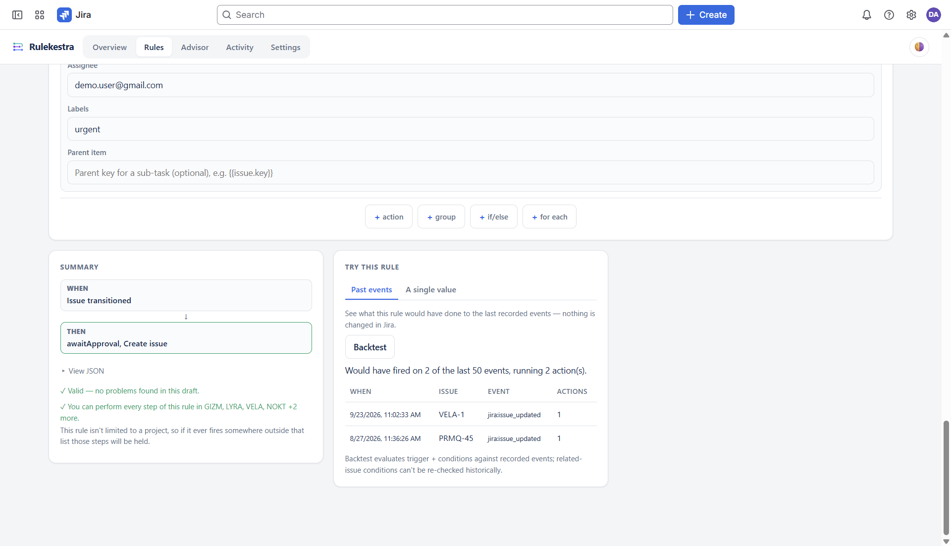 Rulekestra backtest panel